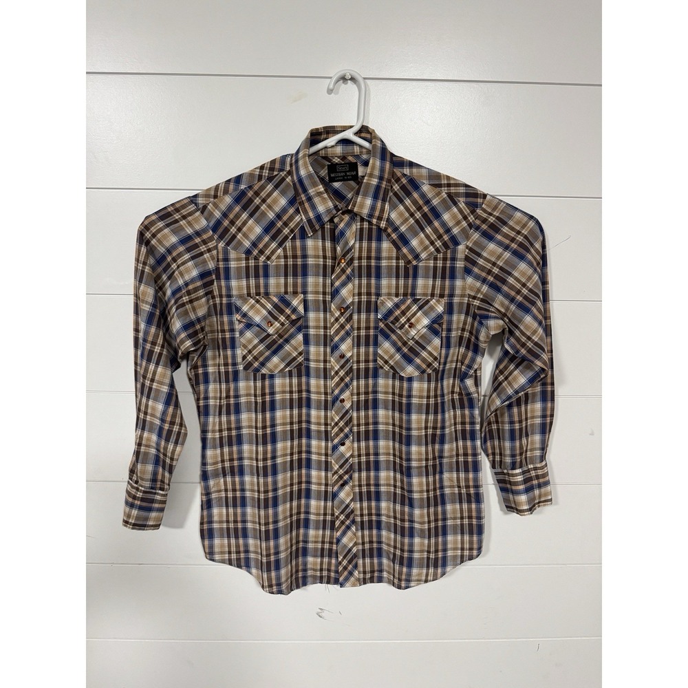 Vintage Pearl Snap Western Shirt Plaid Cowboy Rodeo Ranchwear Brown Blue Mens LG